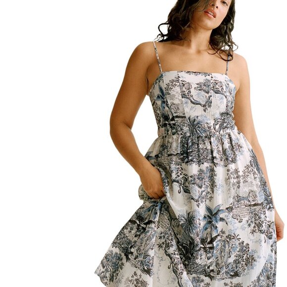 H&M Dresses & Skirts - H&M NWT Cream Blue Black Animal Print Smocked Back Midi Dress Size XXL